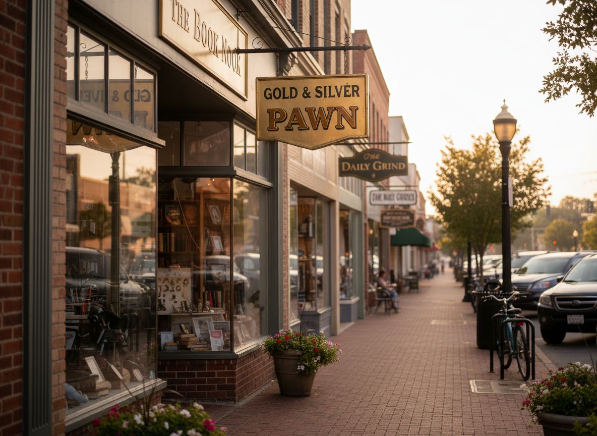 Row of American storefronts with pawn shop at center on a sunny afternoon