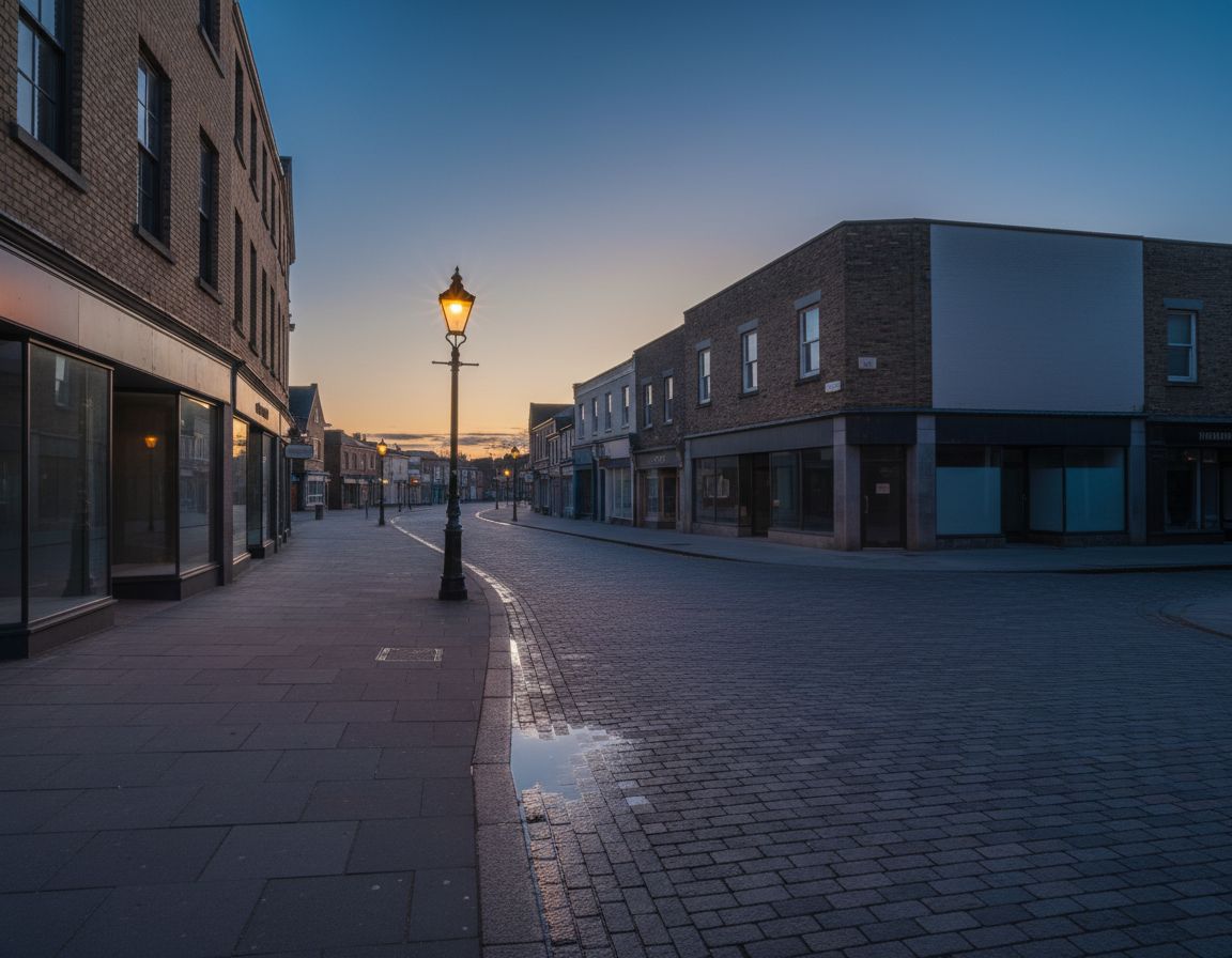 Quiet street corner at twilight with warm window reflections